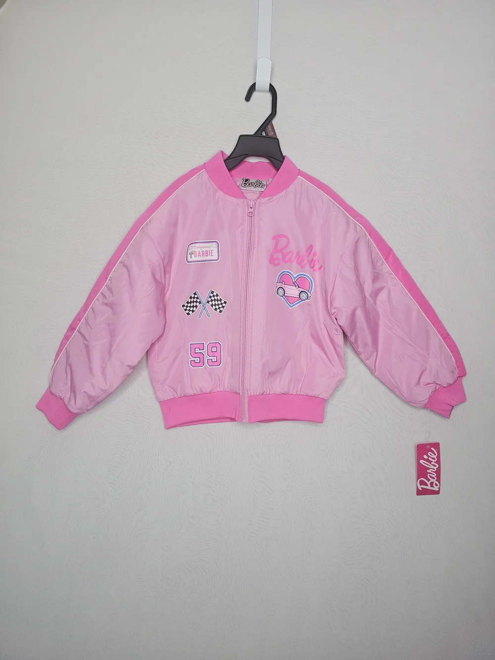 Barbie Girls Pink Bomber Jacket NWT Size 6/6X Quilted Padded Race Car Graphic